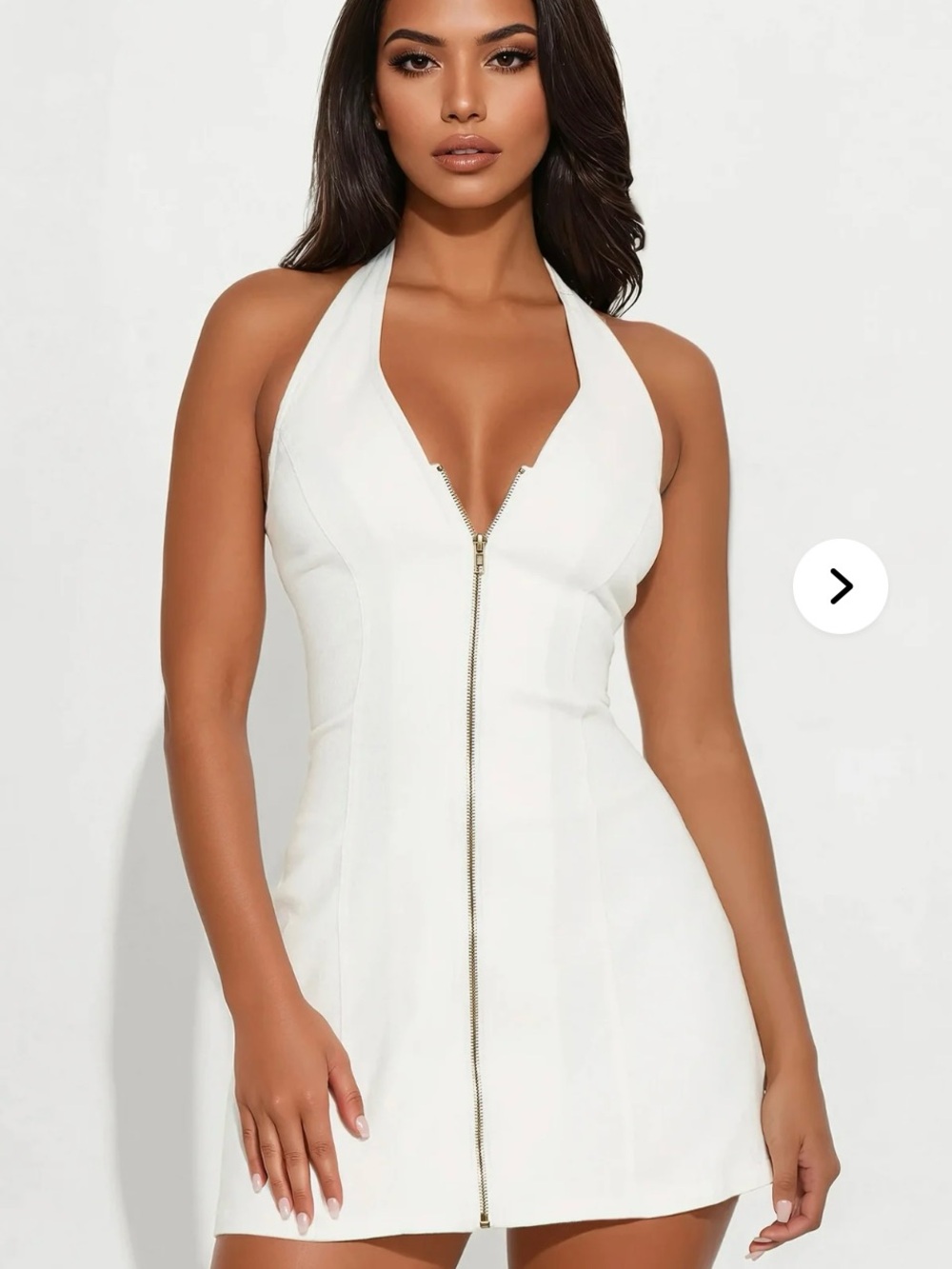 NWT Fashion Nova Run This Town White Denim Halter Dress with Gold Accents